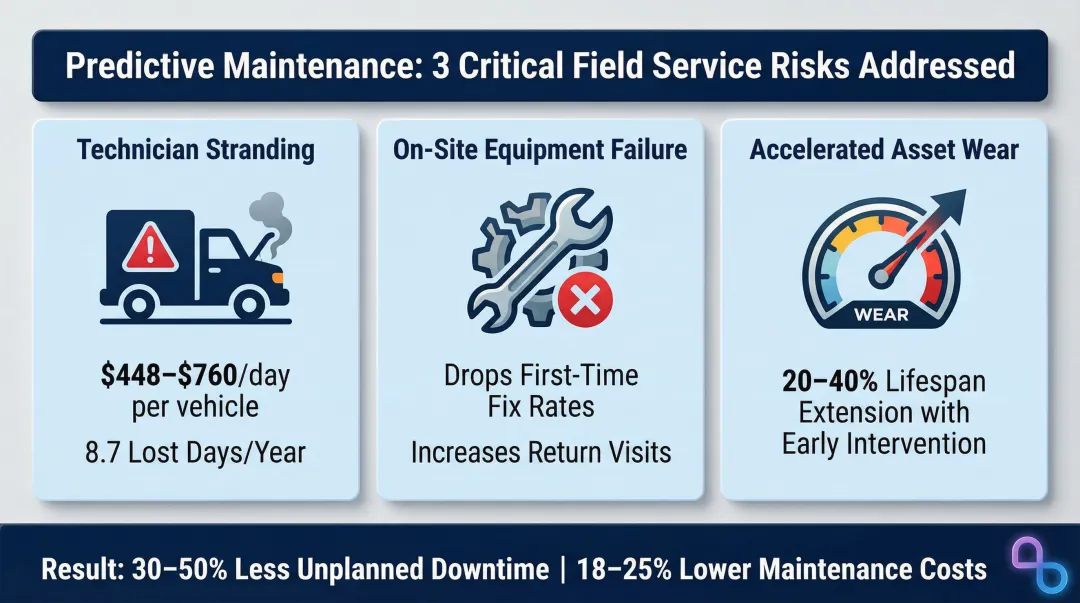Three field service predictive maintenance risk areas with downtime and cost reduction statistics