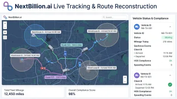 NextBillion.ai live GPS tracking dashboard displaying real-time NEMT vehicle route and trip data