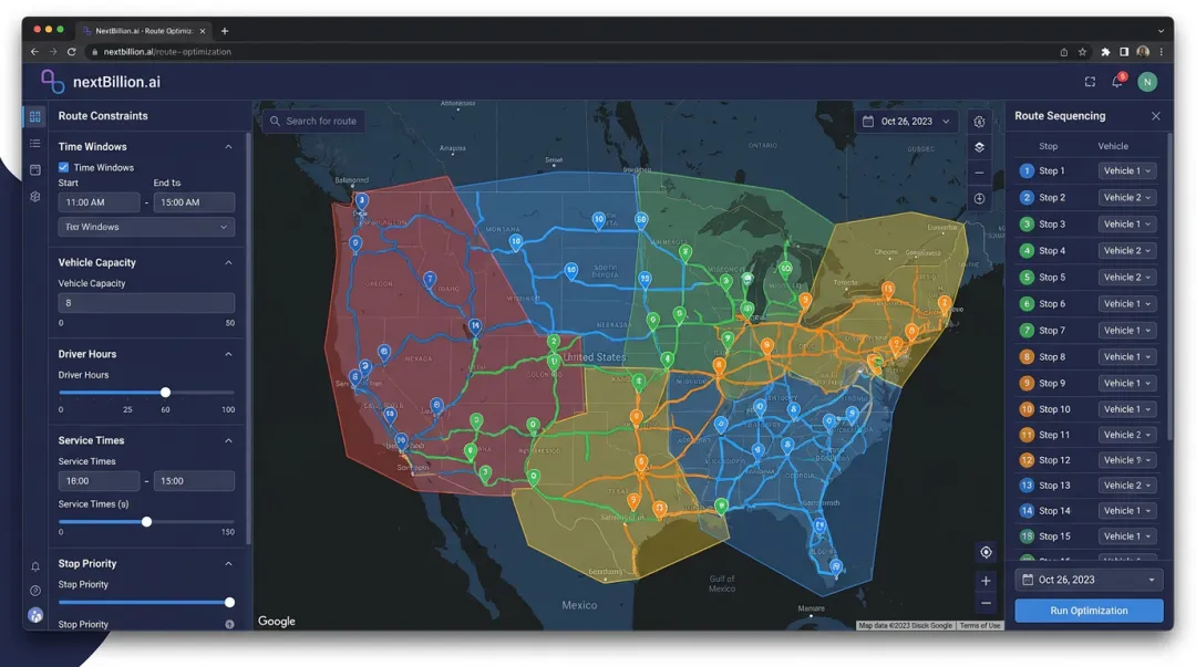 NextBillion.ai route optimization API dashboard displaying multi-stop field sales route constraints