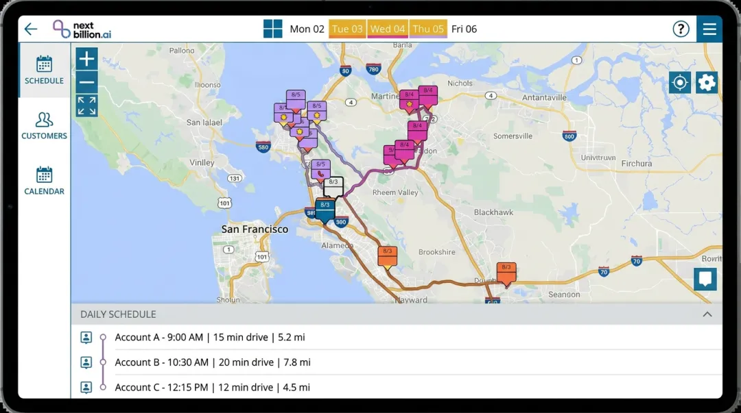 Mobile field sales app displaying map with nearby accounts and optimized daily route