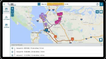 Mobile field sales app displaying map with nearby accounts and optimized daily route