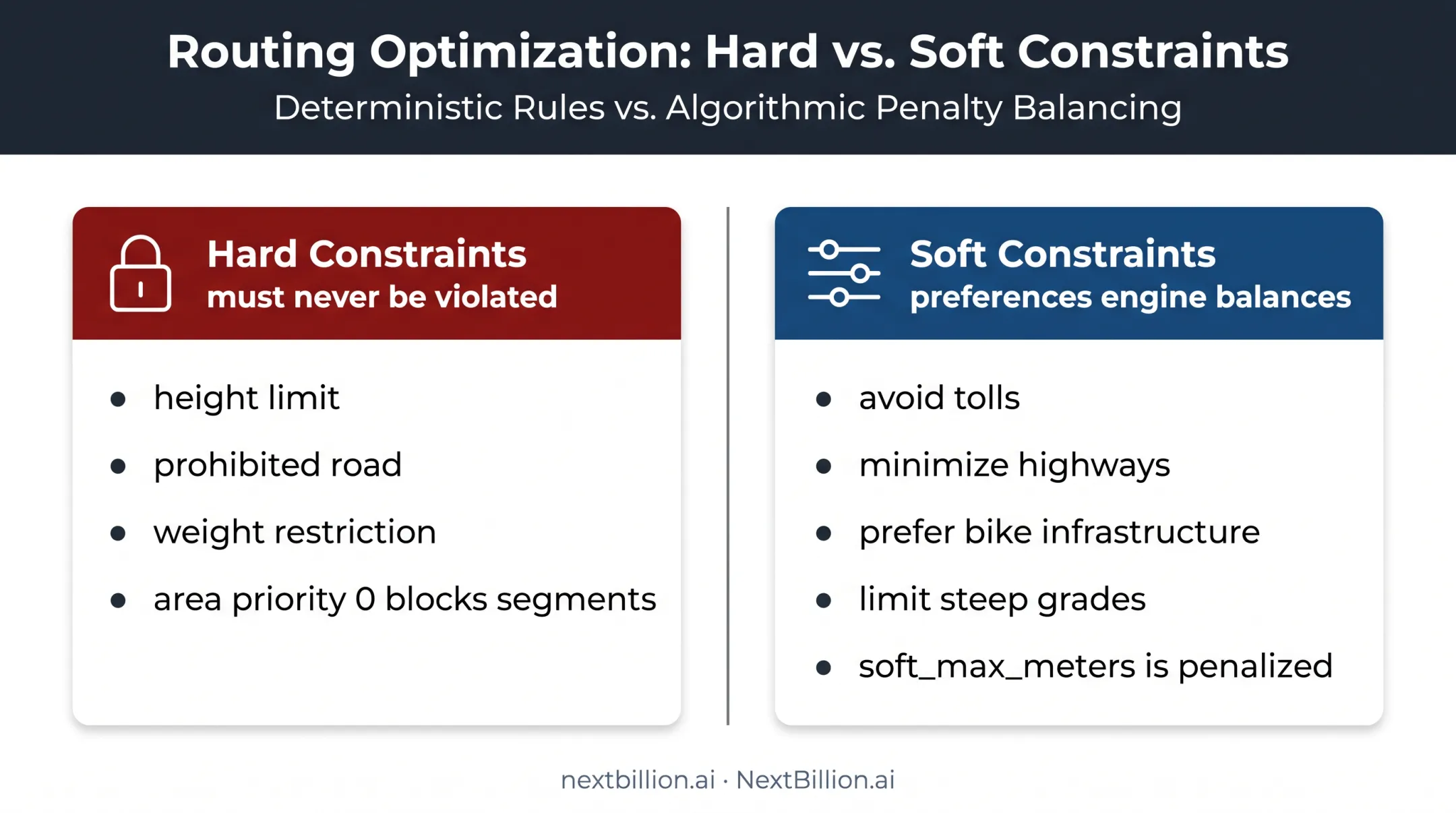 Hard and soft vehicle routing constraints comparison infographic
