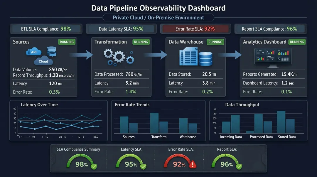 Enterprise data pipeline dashboard showing large-scale record processing and performance metrics
