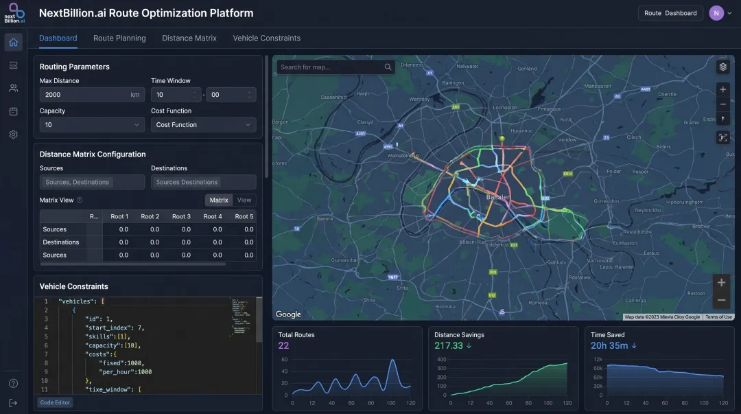 NextBillion.ai routing platform dashboard showing fleet optimization and distance matrix features