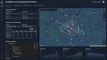 NextBillion.ai routing platform dashboard showing fleet optimization and distance matrix features