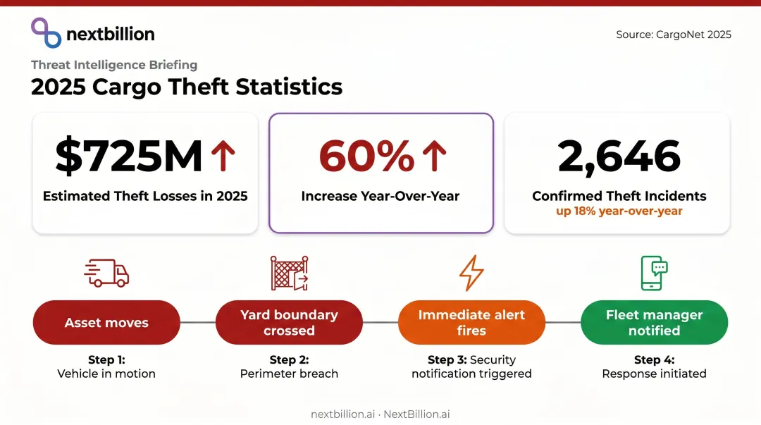2025 cargo theft statistics showing 60 percent year-over-year loss increase infographic