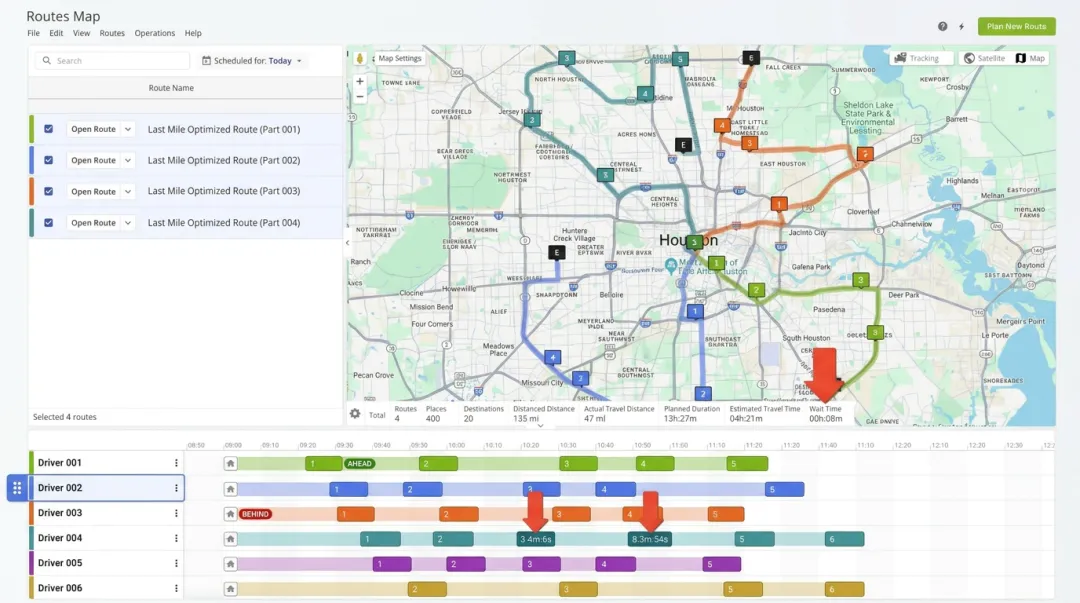Route dispatch timeline view showing multiple drivers progress and scheduled stops