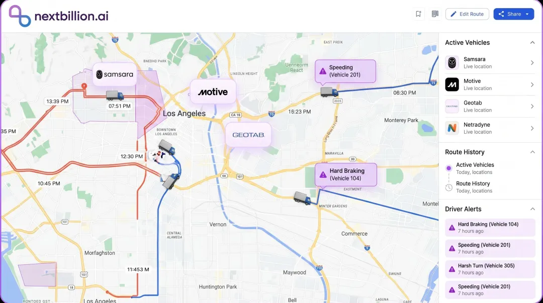 Fleet management platform dashboard showing live vehicle tracking and driver behavior alerts