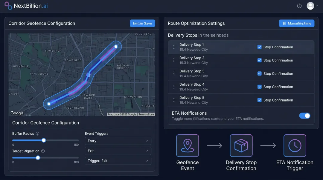 NextBillion.ai geofencing platform dashboard showing corridor geofence and route optimization integration