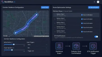 NextBillion.ai geofencing platform dashboard showing corridor geofence and route optimization integration