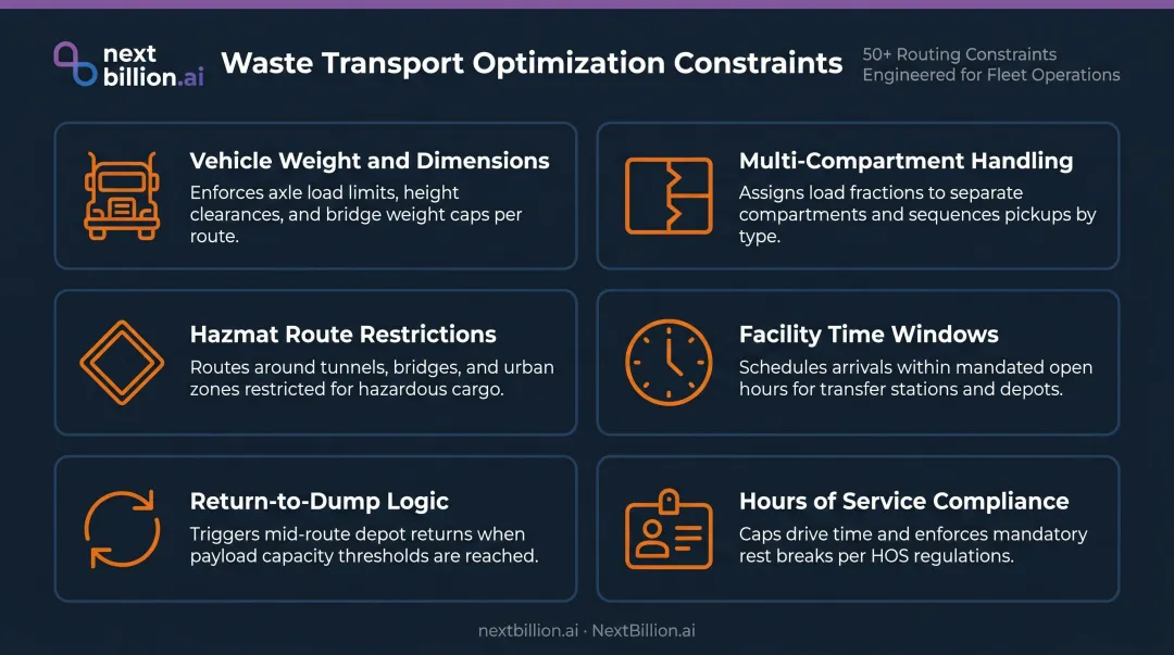 Six waste transport route optimization constraints for manufacturing fleet logistics infographic
