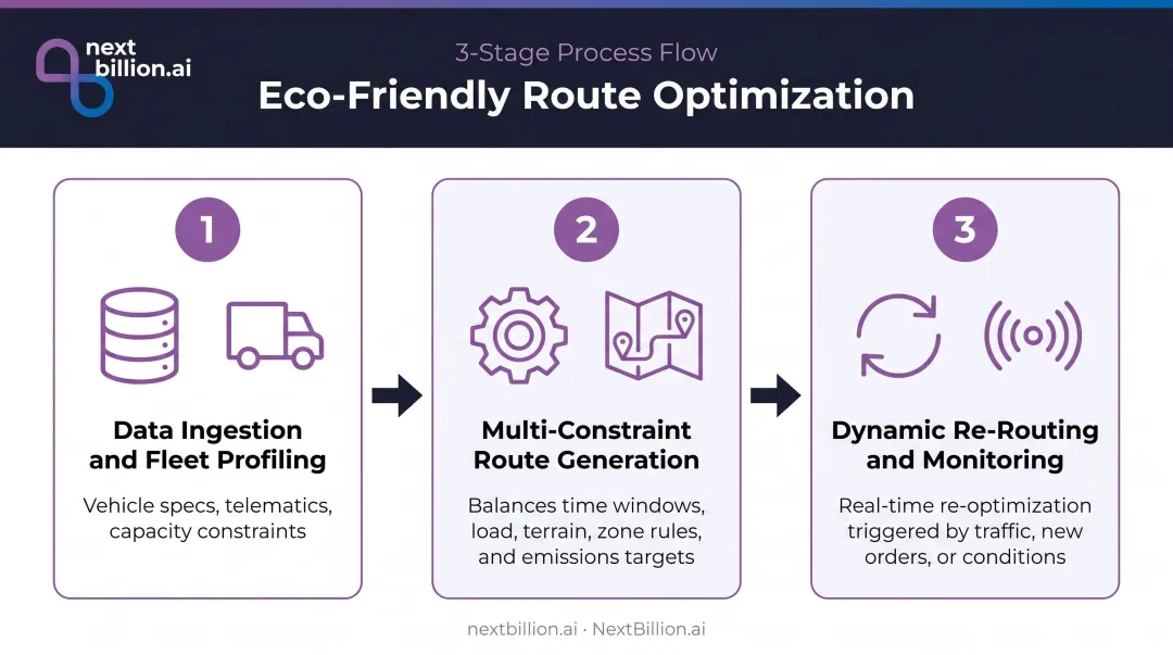 Three-step eco-friendly route optimization process from data ingestion to dynamic rerouting