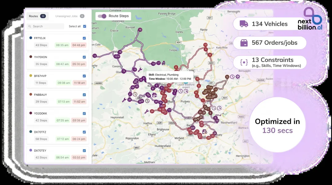 Route optimization dashboard displaying technician dispatch assignments across multi-site elevator portfolio