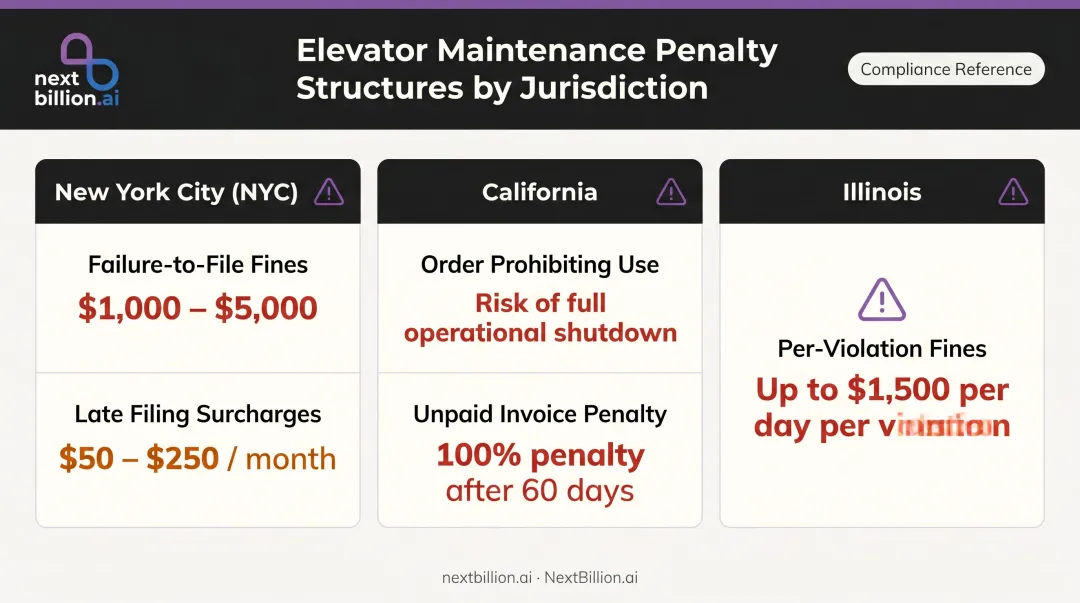 Elevator maintenance regulatory penalty comparison across NYC California and Illinois jurisdictions