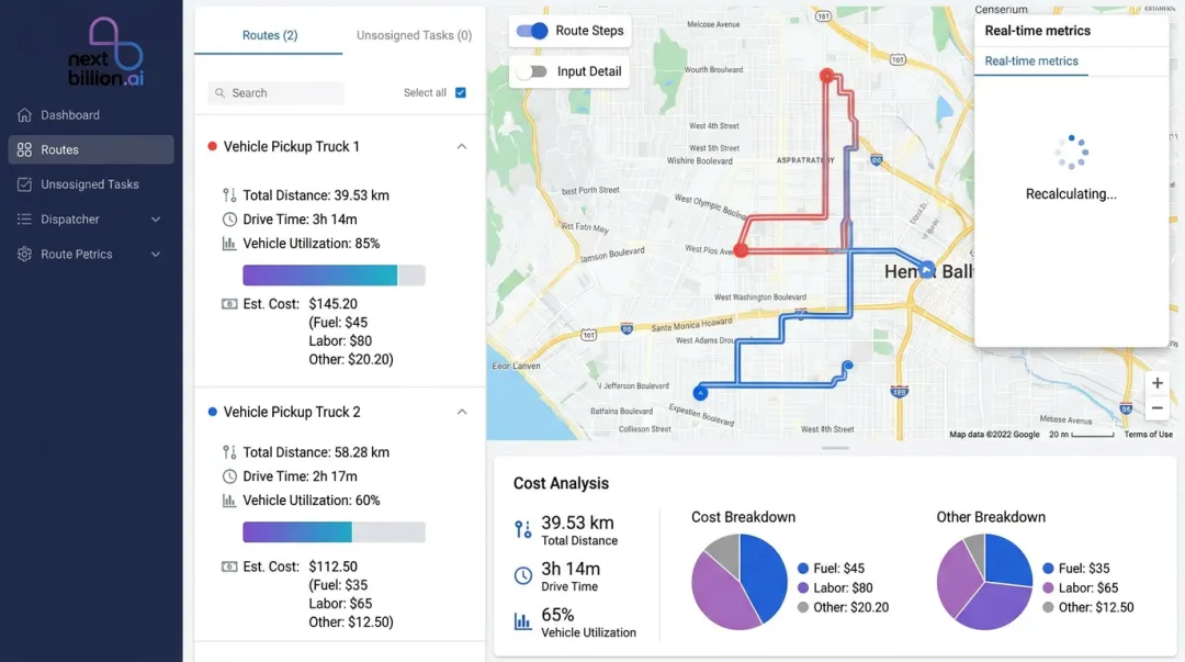 Route planner dashboard displaying cost metrics distance utilization and estimated route expenses