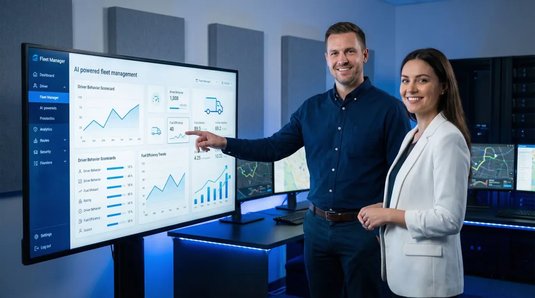 Fleet manager reviewing AI driver behavior fuel efficiency scores on telematics dashboard screen