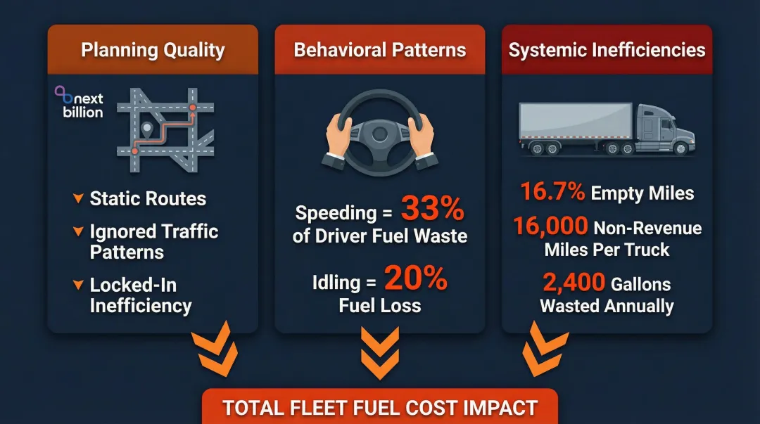 Three fleet fuel cost drivers planning behavior and systemic inefficiency breakdown infographic