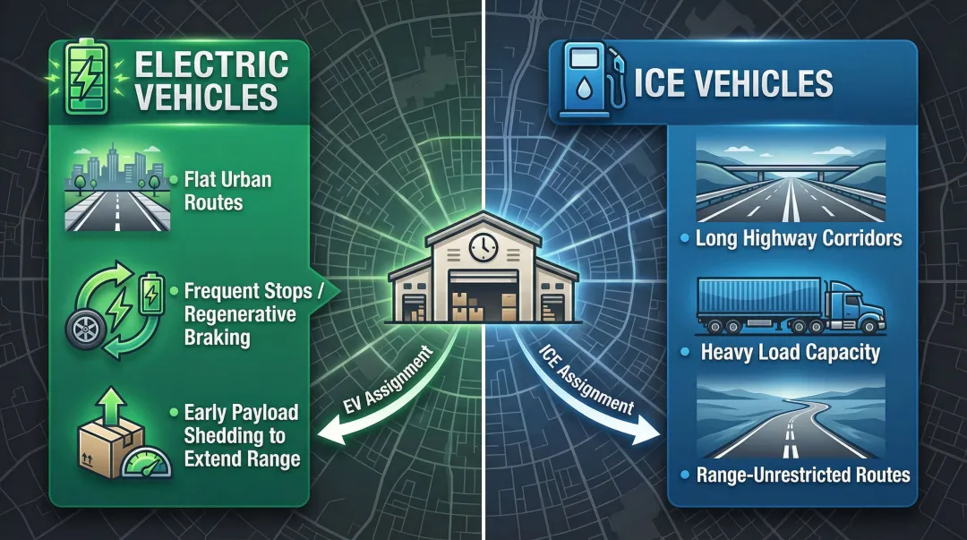 EV versus ICE fleet powertrain-specific route assignment strategy comparison infographic