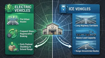 EV versus ICE fleet powertrain-specific route assignment strategy comparison infographic