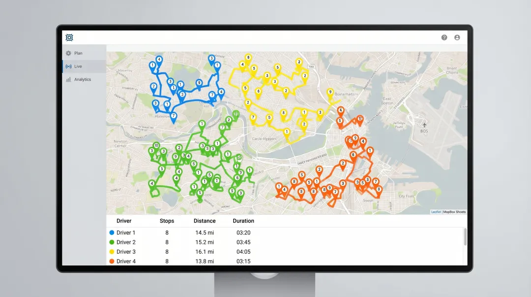 Fleet route optimization software dashboard displaying clustered delivery stops and mileage savings