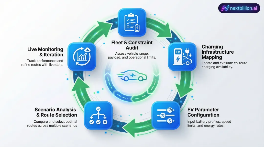 Five-step electric truck route optimization cycle from fleet audit to performance iteration