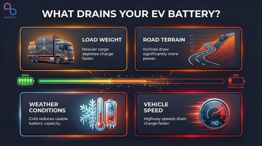 Four key factors affecting electric truck battery drain and range infographic