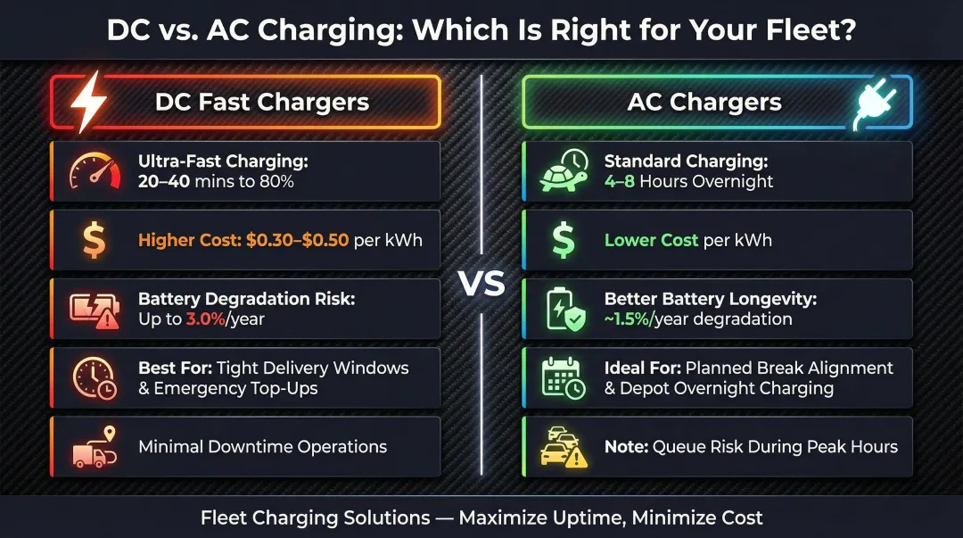 DC fast charger versus AC charger side-by-side comparison for electric truck fleet planning