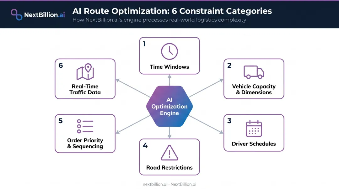 Six AI route optimization constraint categories visualized as process flow diagram