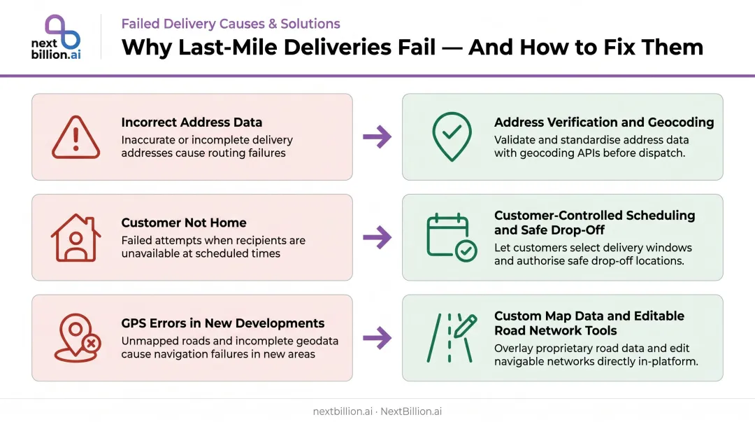 Three failed delivery causes and corresponding operational fixes comparison table infographic