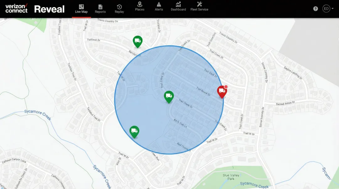 Fleet management GPS tracking dashboard showing vehicle locations geofence zones map