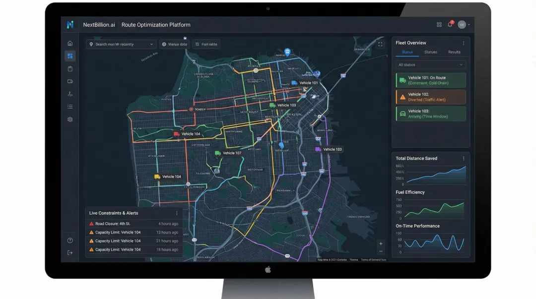 NextBillion.ai enterprise routing platform dashboard displaying fleet optimization and route metrics