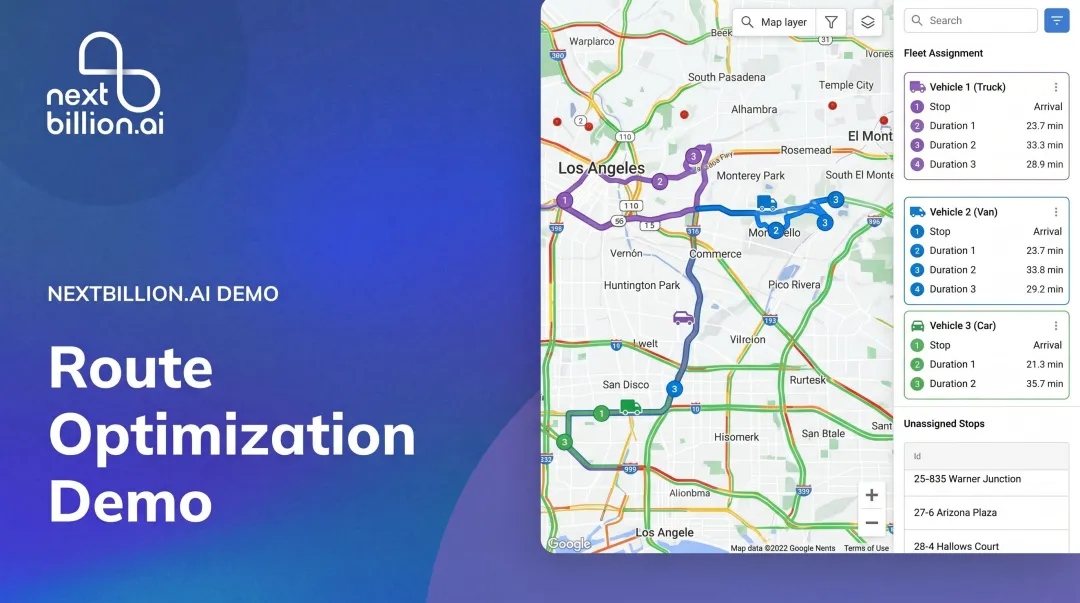 Route optimization API dashboard showing multi-stop delivery sequencing and live traffic integration
