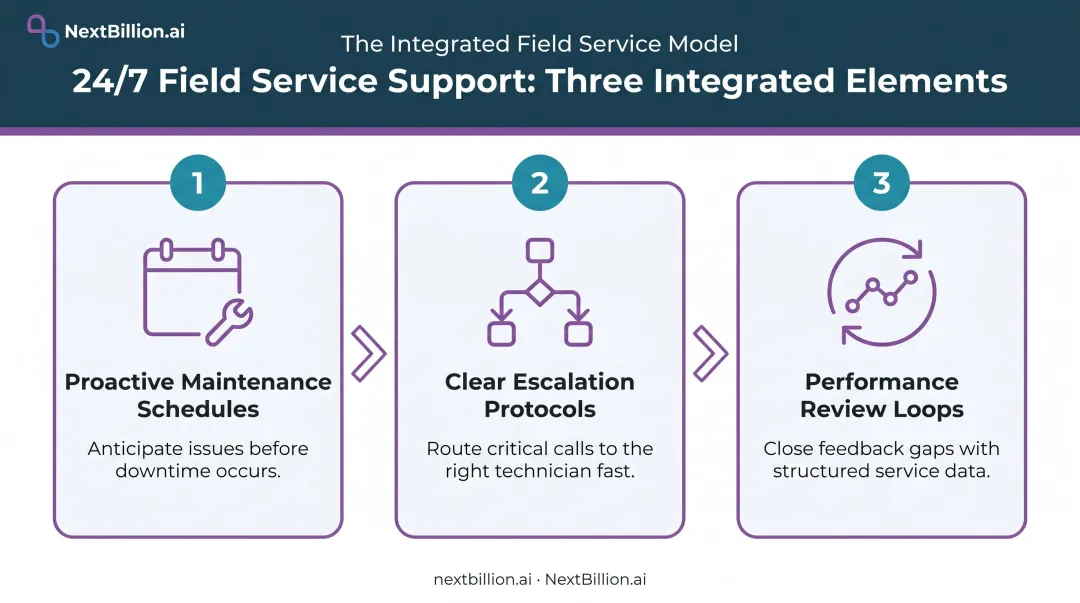 Three-element 24/7 field service support integrated system process flow diagram
