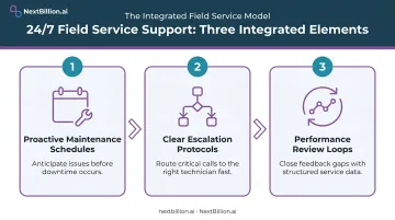 Three-element 24/7 field service support integrated system process flow diagram