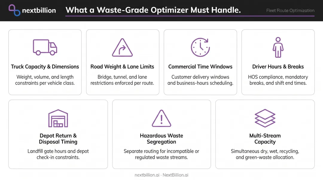 Waste fleet route optimization constraint categories infographic showing seven operational factors