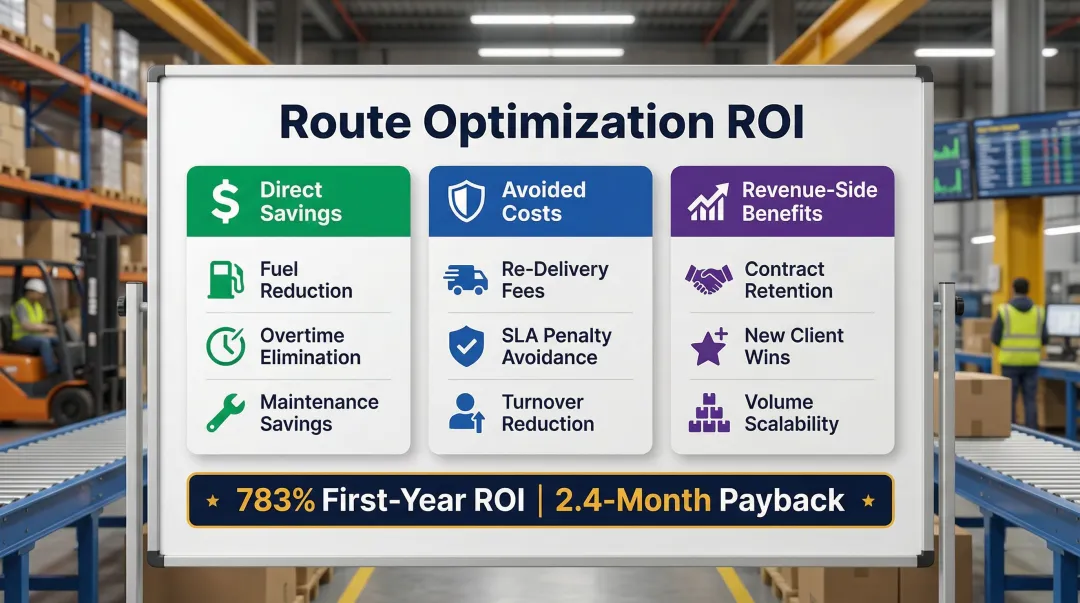 Three ROI categories for 3PL route optimization direct savings avoided costs revenue benefits
