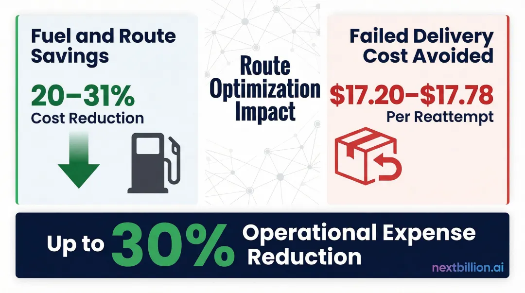 Route optimization cost savings comparison showing fuel reduction and failed delivery costs