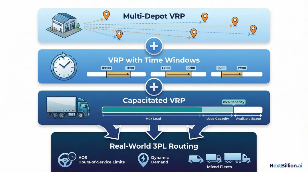 Three layered VRP variants combined in 3PL routing complexity infographic