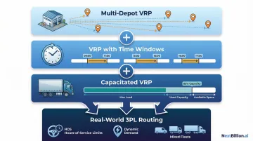 Three layered VRP variants combined in 3PL routing complexity infographic