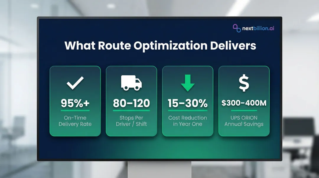 Route optimization business outcomes infographic showing cost savings and delivery benchmarks