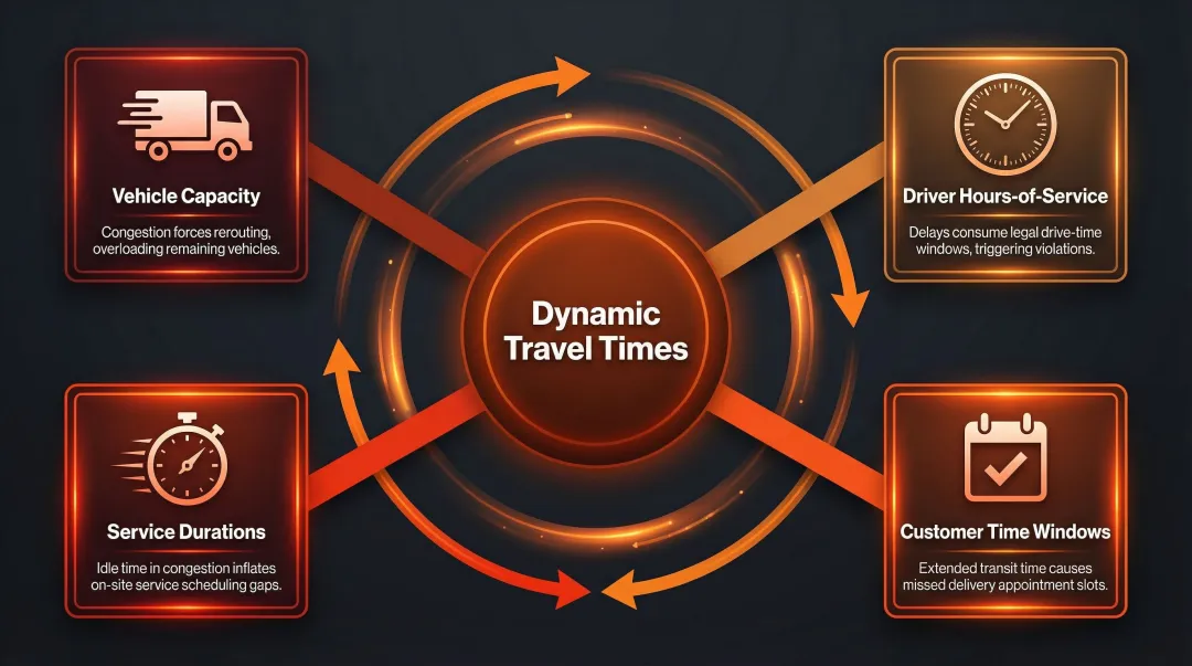Four dynamic routing constraint interdependencies vehicle capacity driver hours time windows service duration
