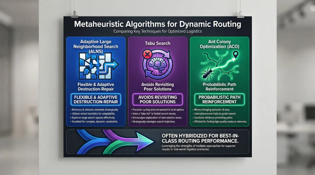 Three metaheuristic algorithms for dynamic vehicle routing ALNS Tabu Search Ant Colony Optimization