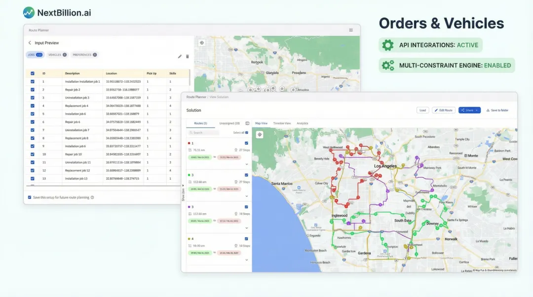 NextBillion.ai route optimization platform dashboard showing fleet scheduling and API integration features