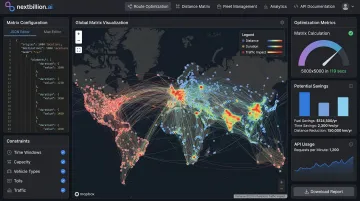 NextBillion.ai platform dashboard showing route optimization matrix and cost savings metrics