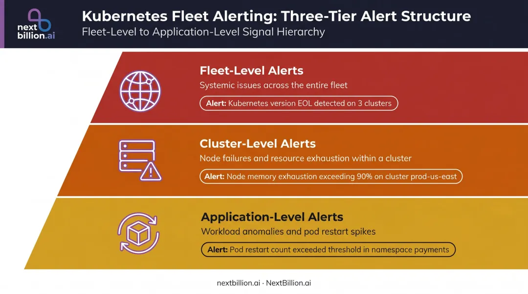 Three-tier Kubernetes fleet alerting hierarchy from fleet to application level