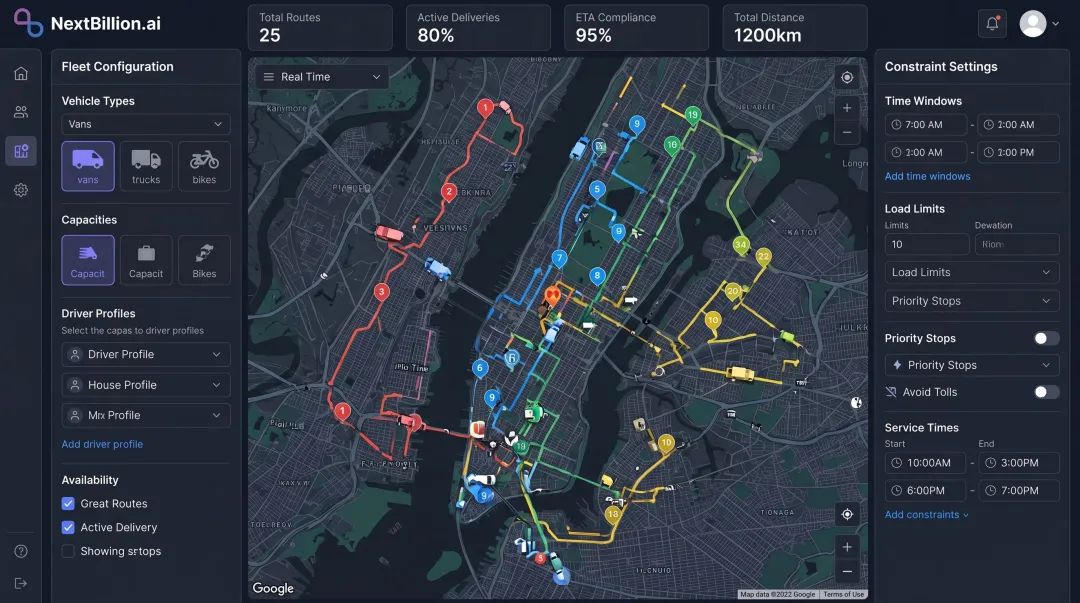 NextBillion.ai route optimization dashboard displaying multi-stop delivery routes and fleet constraints