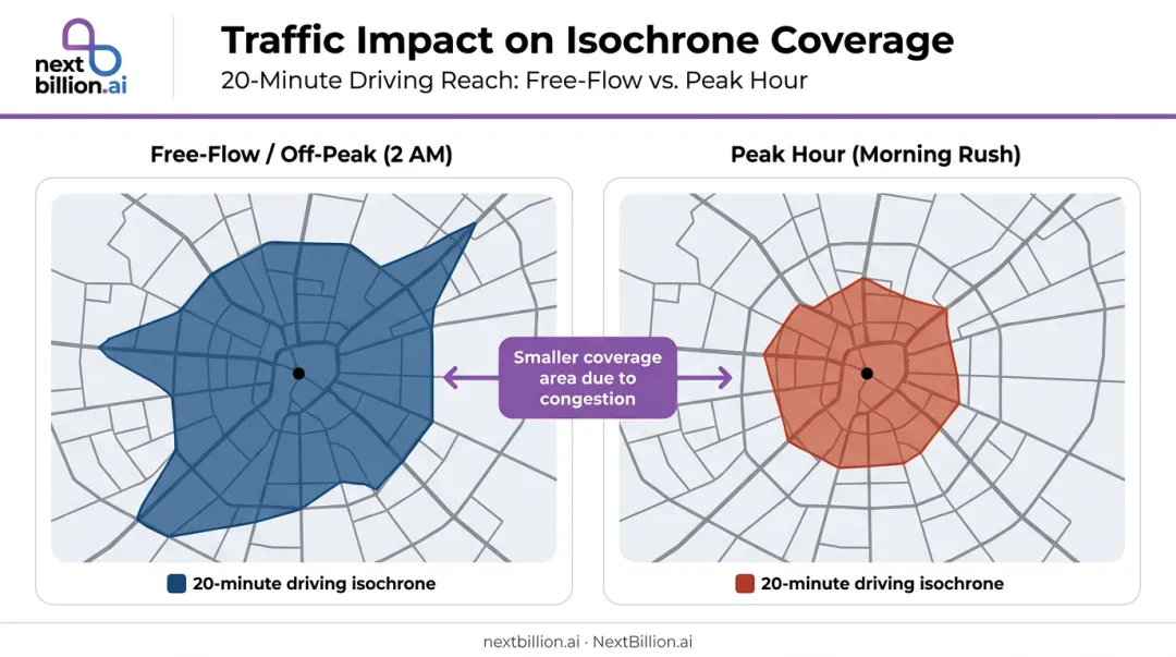 Traffic-aware isochrone size comparison free-flow versus peak hour driving coverage zones