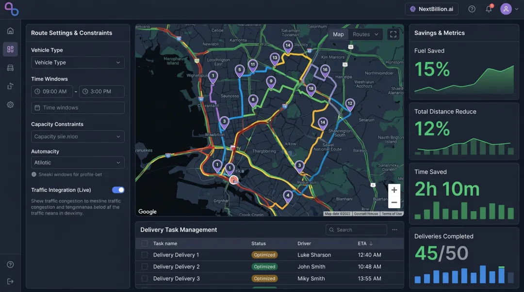 NextBillion.ai route optimization platform dashboard displaying delivery task management and savings metrics
