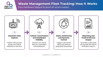 Four-stage waste management fleet tracking system process flow diagram