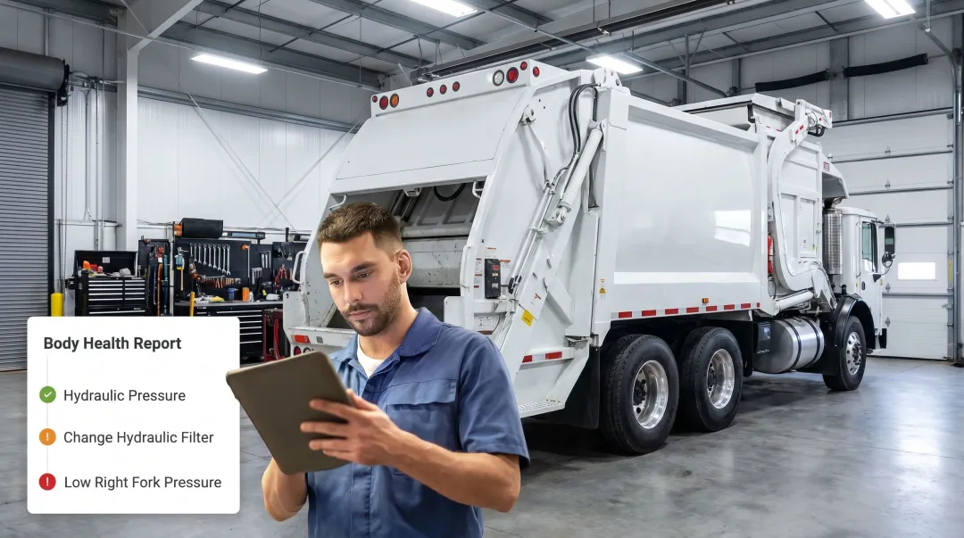 Fleet maintenance technician inspecting garbage truck engine diagnostics with tablet device